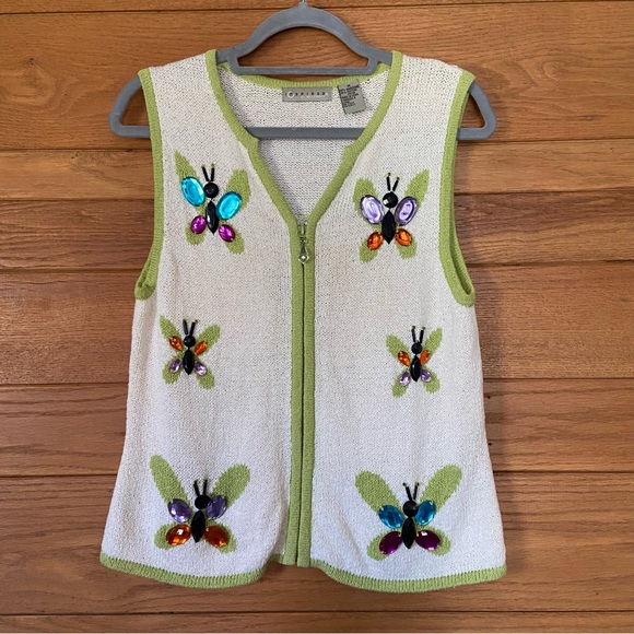 Vintage Sweaters - Vintage 90s bejeweled butterfly zip front sweater vest